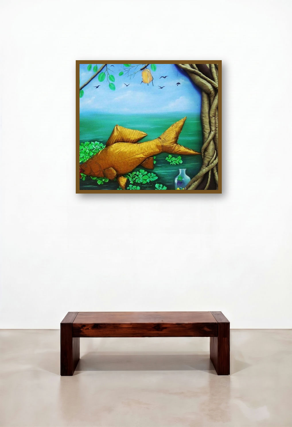 Childhood Memories (Golden Fish in Pond) by artist Pranita Das displayed in a Elegant Home Office