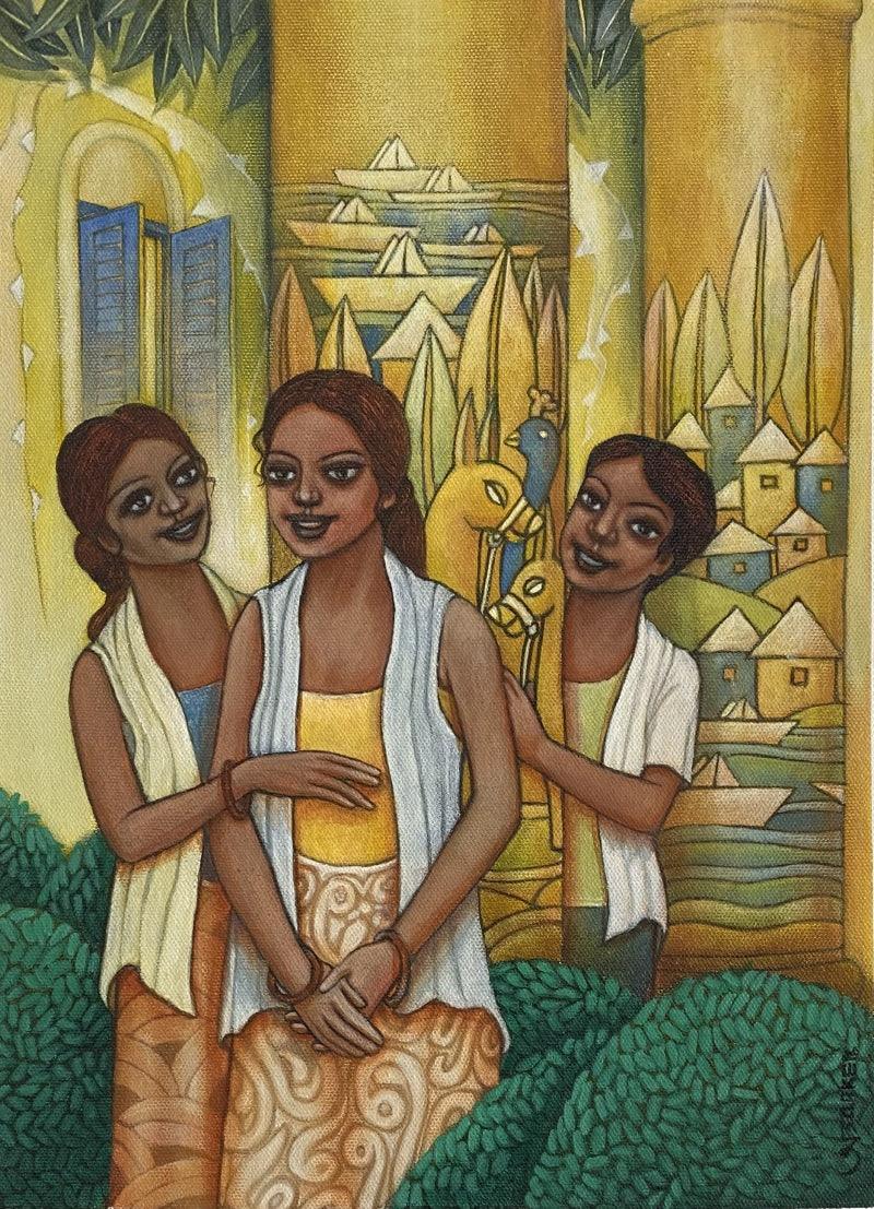 Figurative acrylic painting titled 'Childhood love', 17x12 inches, by artist Aniruddha Sarker on canvas