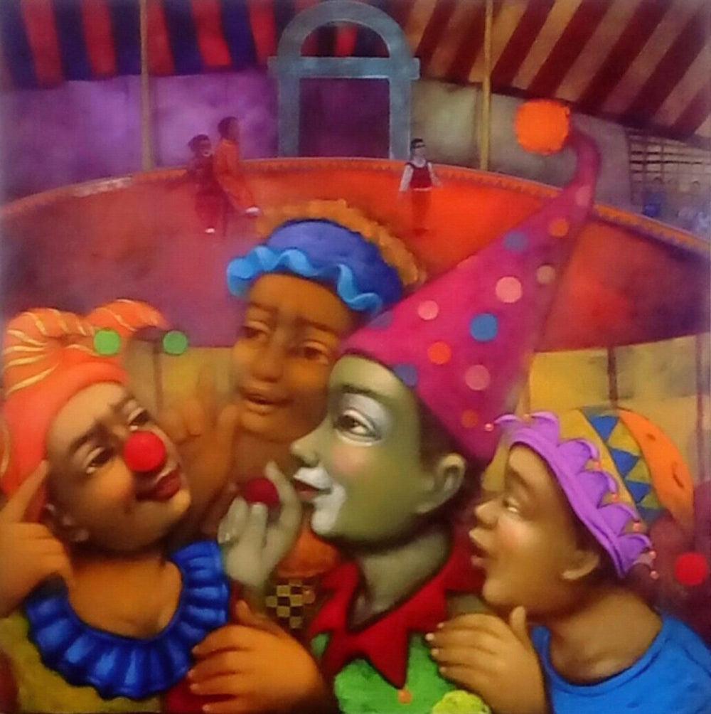 Figurative acrylic painting titled 'Circus', 36x36 inches, by artist Apet Pramod on Canvas