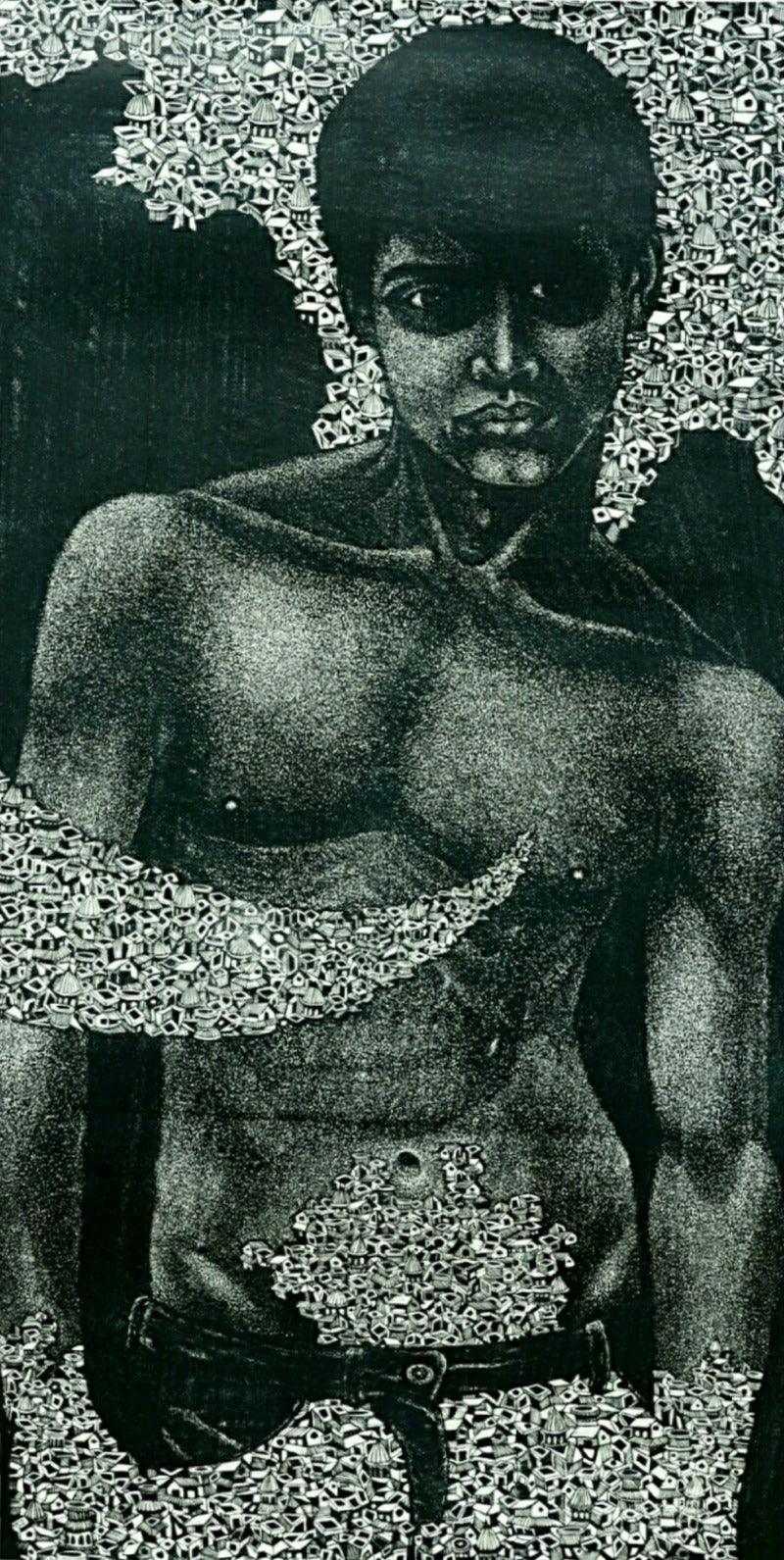 Figurative printmaking titled 'City Life', 47x24 inches, by artist Jintu Mohan Kalita on Paper