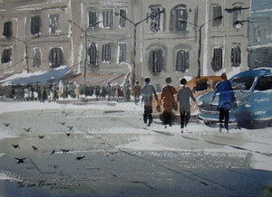 City Life (City Rhythm) by Jiaur Rahman, Original Watercolor Cityscape Painting on Paper, Small Horizontal Wall Art