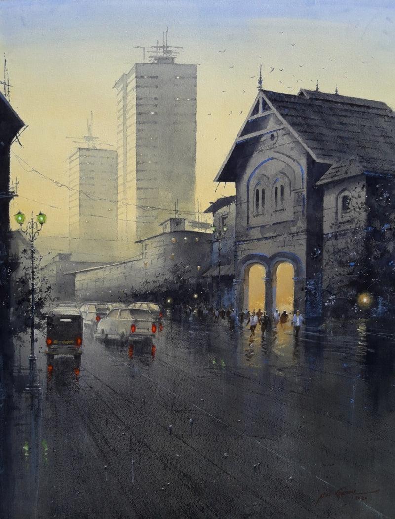 Cityscape watercolor painting titled 'City Light', 30x22 inches, by artist Atul Gendle on Paper