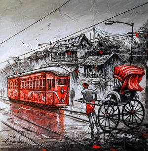 Cityscape acrylic charcoal painting titled 'City Of Kolkata', 12x12 inches, by artist Ananda Das on Canvas