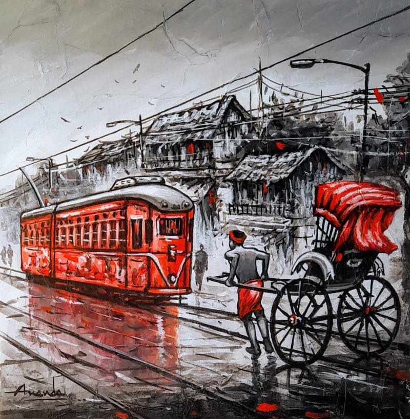 Cityscape acrylic charcoal painting titled 'City Of Kolkata', 12x12 inches, by artist Ananda Das on Canvas