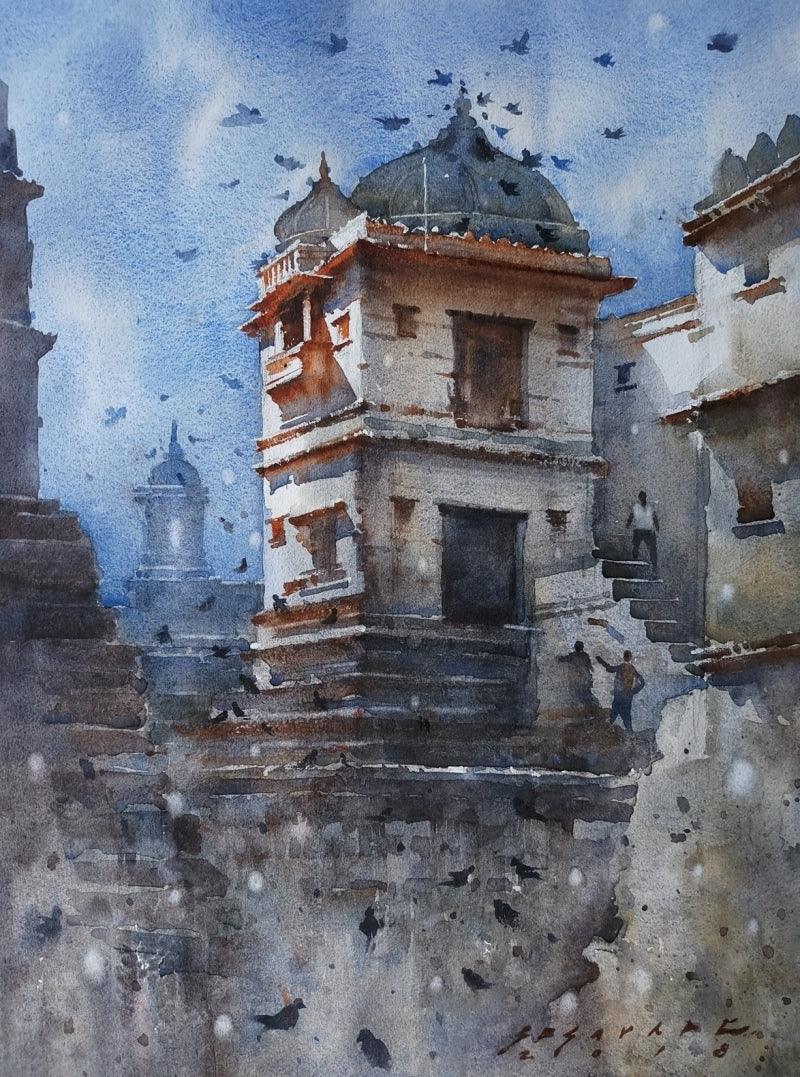 Cityscape watercolor painting titled 'Cityscape 1', 17x13 inches, by artist Siddharth Gavade on Paper