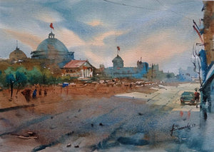 Cityscape watercolor painting titled 'Cityscape 1', 17x12 inches, by artist Prasanta Maiti on Paper