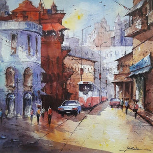 Cityscape 1 (Kolkata Tram) by Shubhashis Mandal, Original Watercolor Cityscape Painting on Handmade Paper, Small Square Wall Art