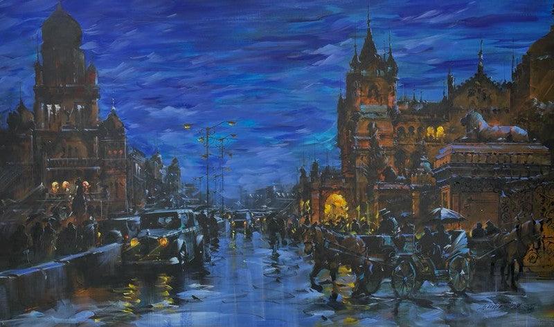Cityscape acrylic painting titled 'Cityscape 1', 36x60 inches, by artist Sandeep Chhatraband on Canvas