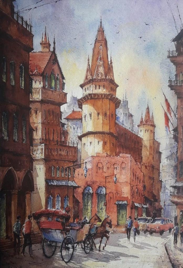 Cityscape watercolor painting titled 'Cityscape 10', 22x15 inches, by artist SHUBHASHIS MANDAL on Handmade Paper