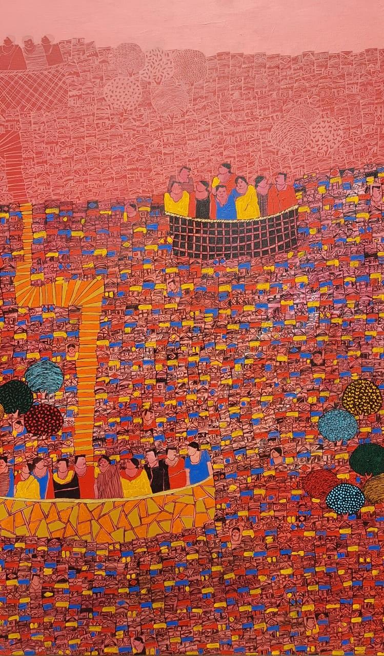 Cityscape acrylic painting titled 'Cityscape 11', 60x36 inches, by artist Rama Krishna V on Canvas