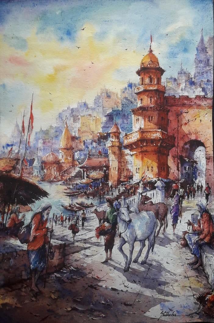 Cityscape watercolor painting titled 'Cityscape 12', 22x15 inches, by artist SHUBHASHIS MANDAL on Handmade Paper