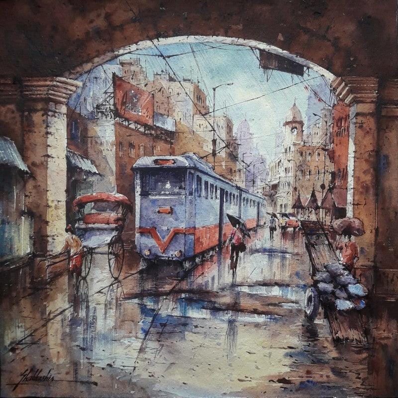 Cityscape watercolor painting titled 'Cityscape 2', 15x15 inches, by artist SHUBHASHIS MANDAL on Handmade Paper