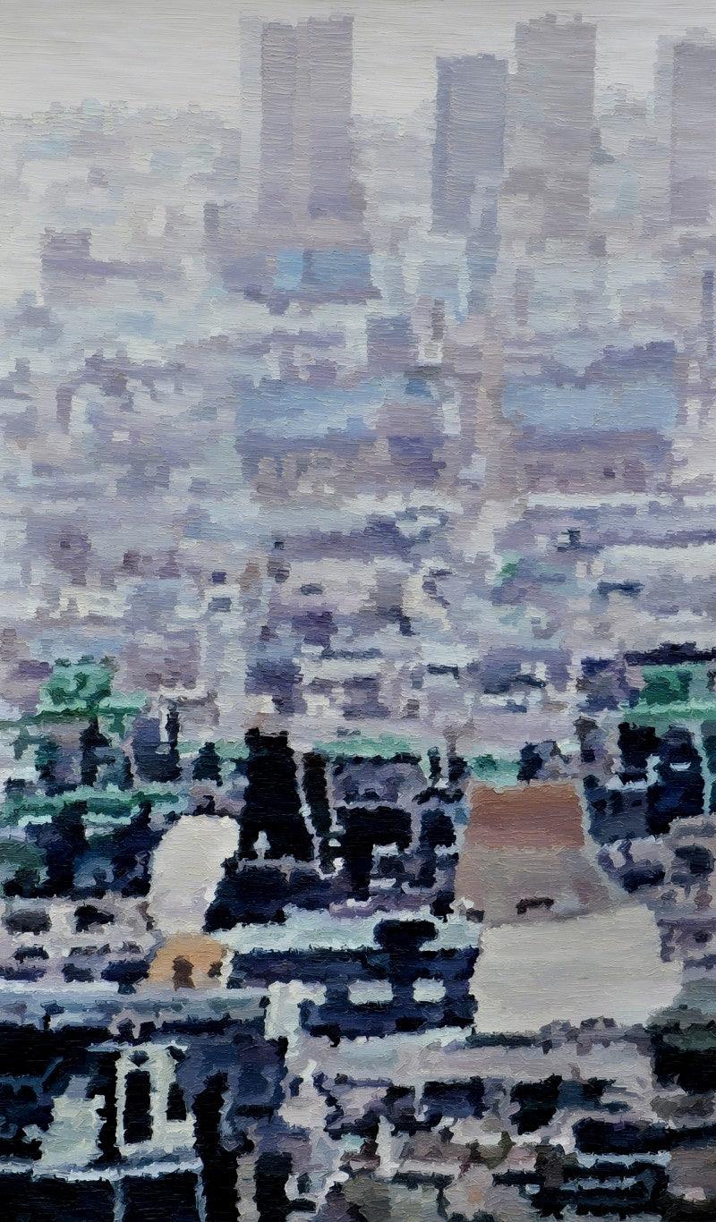 Cityscape oil painting titled 'Cityscape 2', 60x36 inches, by artist Ganesh Pokharkar on Canvas