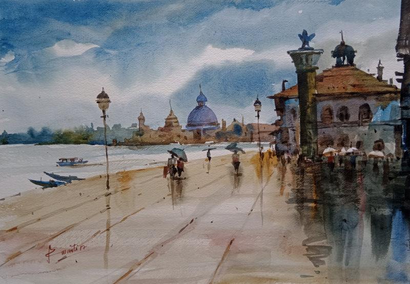 Cityscape watercolor painting titled 'Cityscape 2', 17x12 inches, by artist Prasanta Maiti on Paper