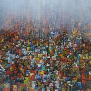 Cityscape acrylic painting titled 'Cityscape 2', 48x48 inches, by artist M Singh on Canvas