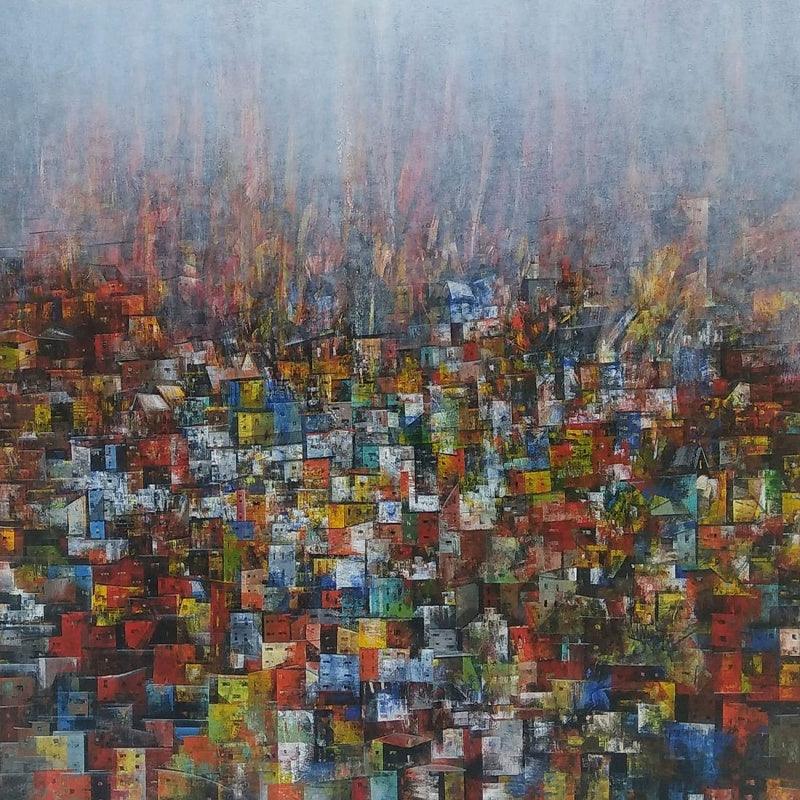 Cityscape acrylic painting titled 'Cityscape 2', 48x48 inches, by artist M Singh on Canvas