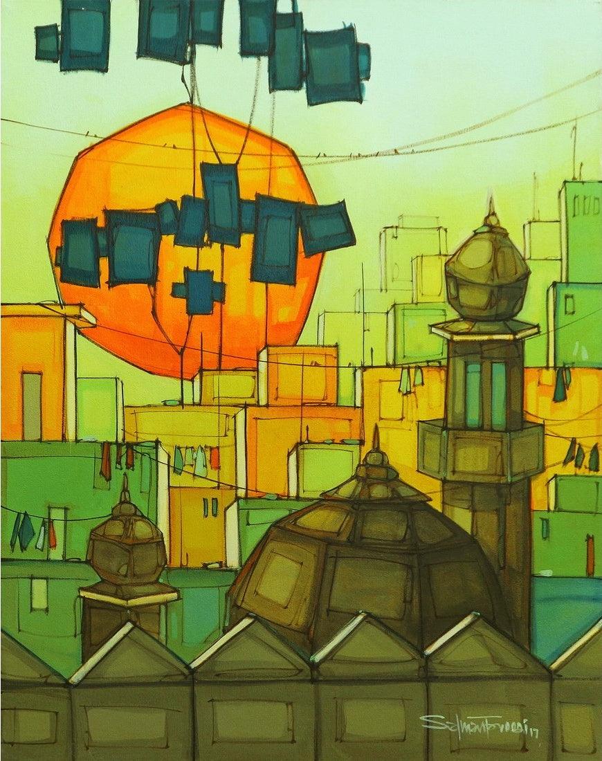 Cityscape acrylic painting titled 'Cityscape 2', 24x36 inches, by artist Salman Farooqi on Canvas