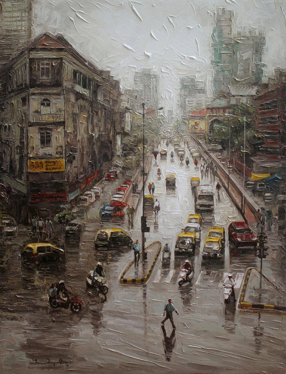 Cityscape acrylic painting titled 'Cityscape 2', 40x30 inches, by artist Iruvan Karunakaran on Canvas