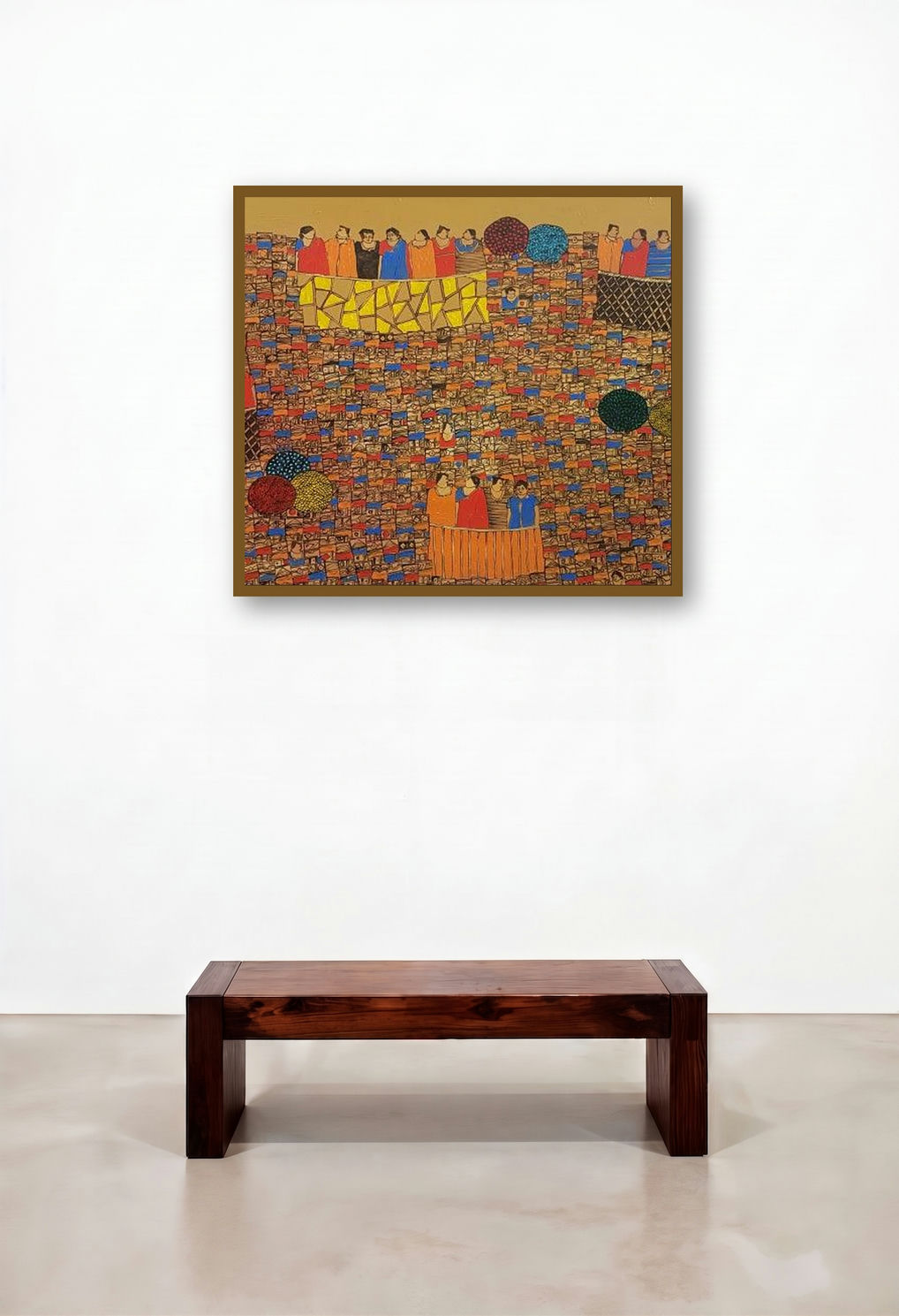 Cityscape 20 (Community Gathering) by artist Rama Krishna V displayed in a Urban Loft Hallway