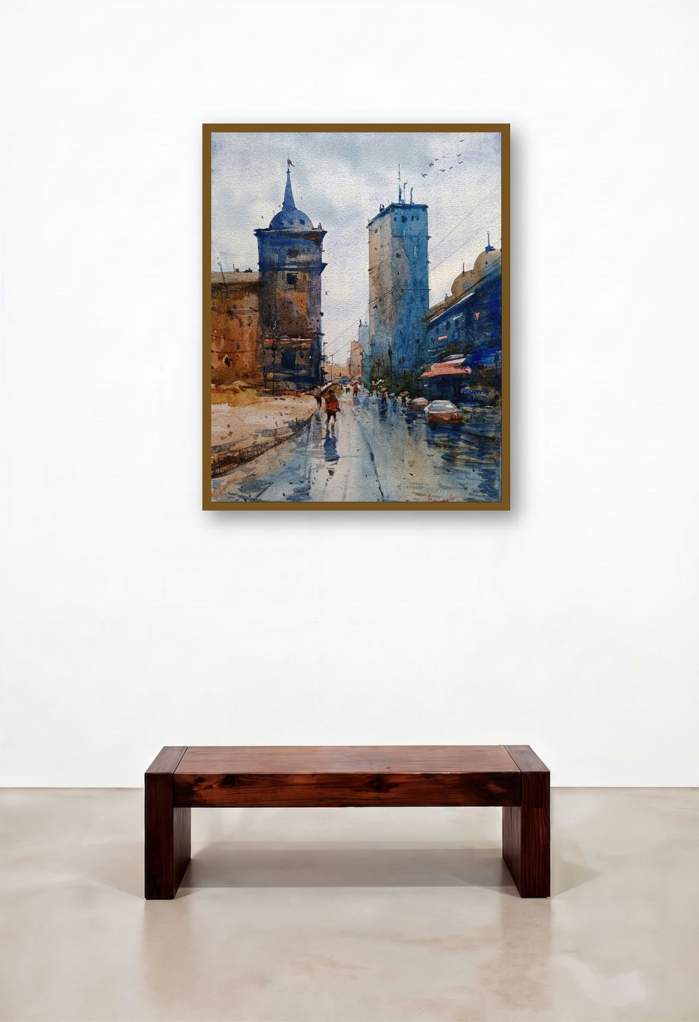 Cityscape 3 (Urban Monsoon) by artist Prasanta Maiti displayed in a Minimalist Hallway