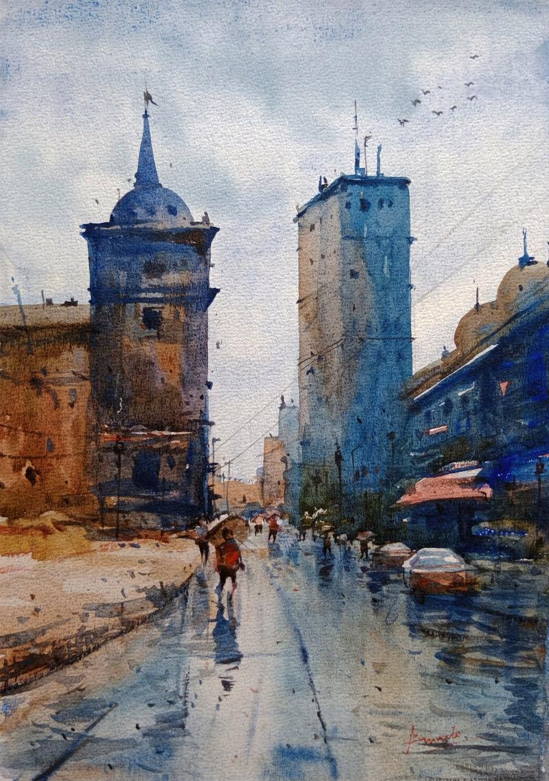 Cityscape watercolor painting titled 'Cityscape 3', 17x12 inches, by artist Prasanta Maiti on Paper