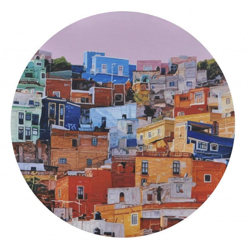 Cityscape oil painting titled 'Cityscape 3', 60x60 inches, by artist Ganesh Pokharkar on Canvas