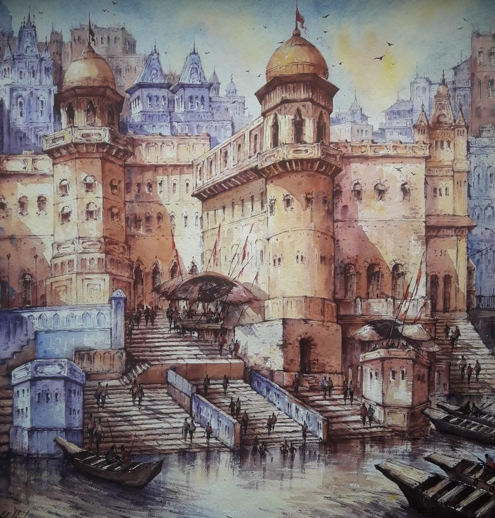 Cityscape watercolor painting titled 'Cityscape 3', 22x22 inches, by artist SHUBHASHIS MANDAL on Handmade Paper