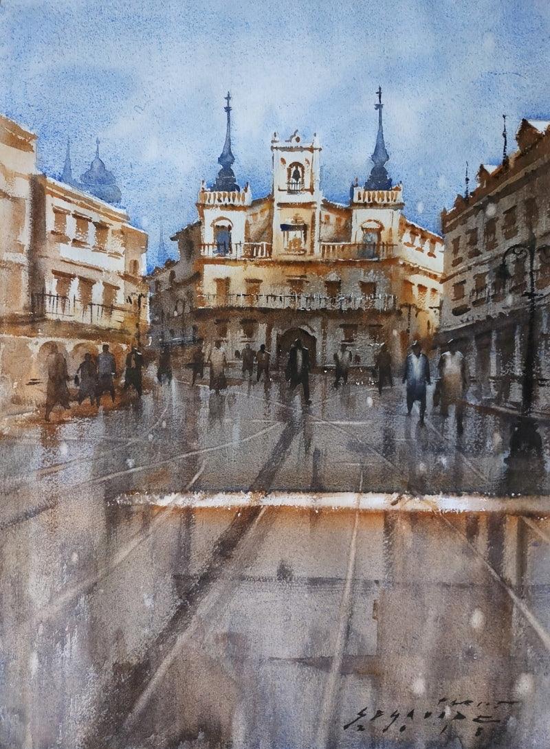 Cityscape watercolor painting titled 'Cityscape 3', 18x12 inches, by artist Siddharth Gavade on Paper
