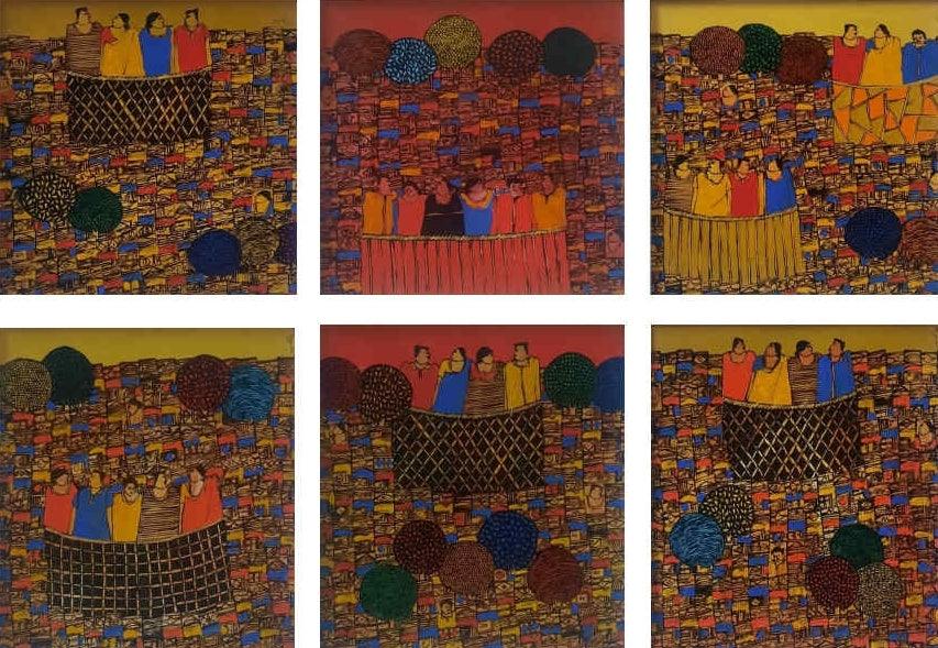 Cityscape acrylic painting titled 'Cityscape 3', 12x12 inches, by artist Rama Krishna V on Canvas