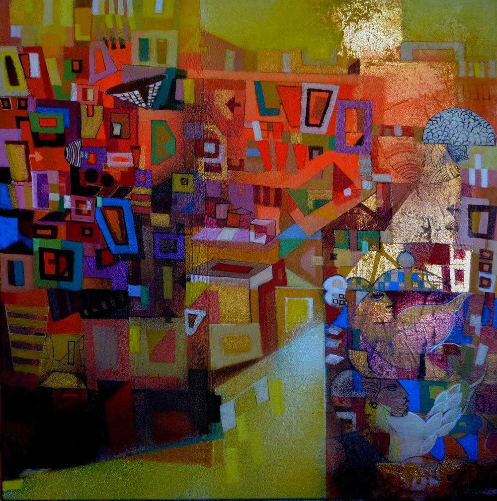 Abstract acrylic painting titled 'Cityscape 4', 30x30 inches, by artist Madan Lal on Canvas