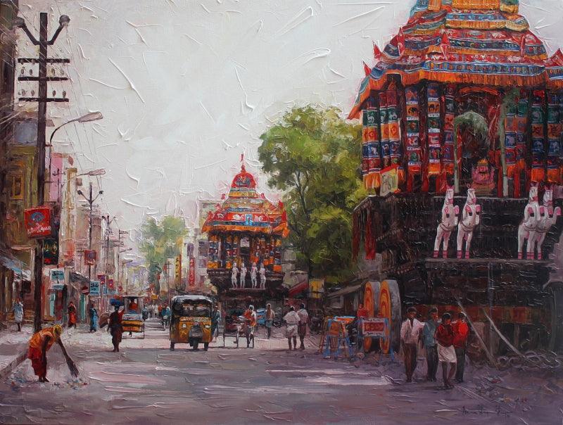 Cityscape acrylic painting titled 'Cityscape 4', 36x48 inches, by artist Iruvan Karunakaran on Canvas