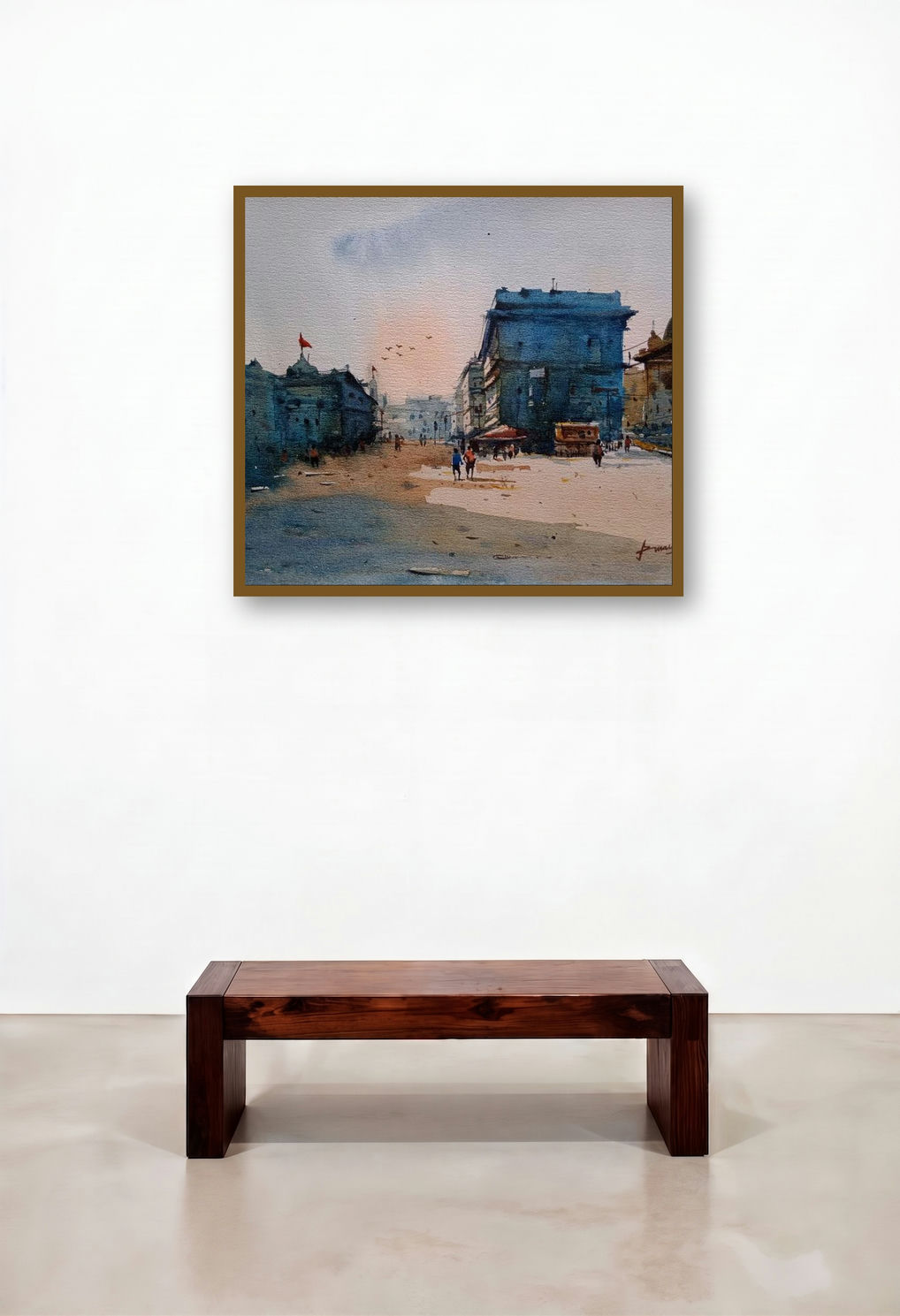Cityscape 4 (Dawn at the Ghats) by artist Prasanta Maiti displayed in a Mid-Century Modern Living Room