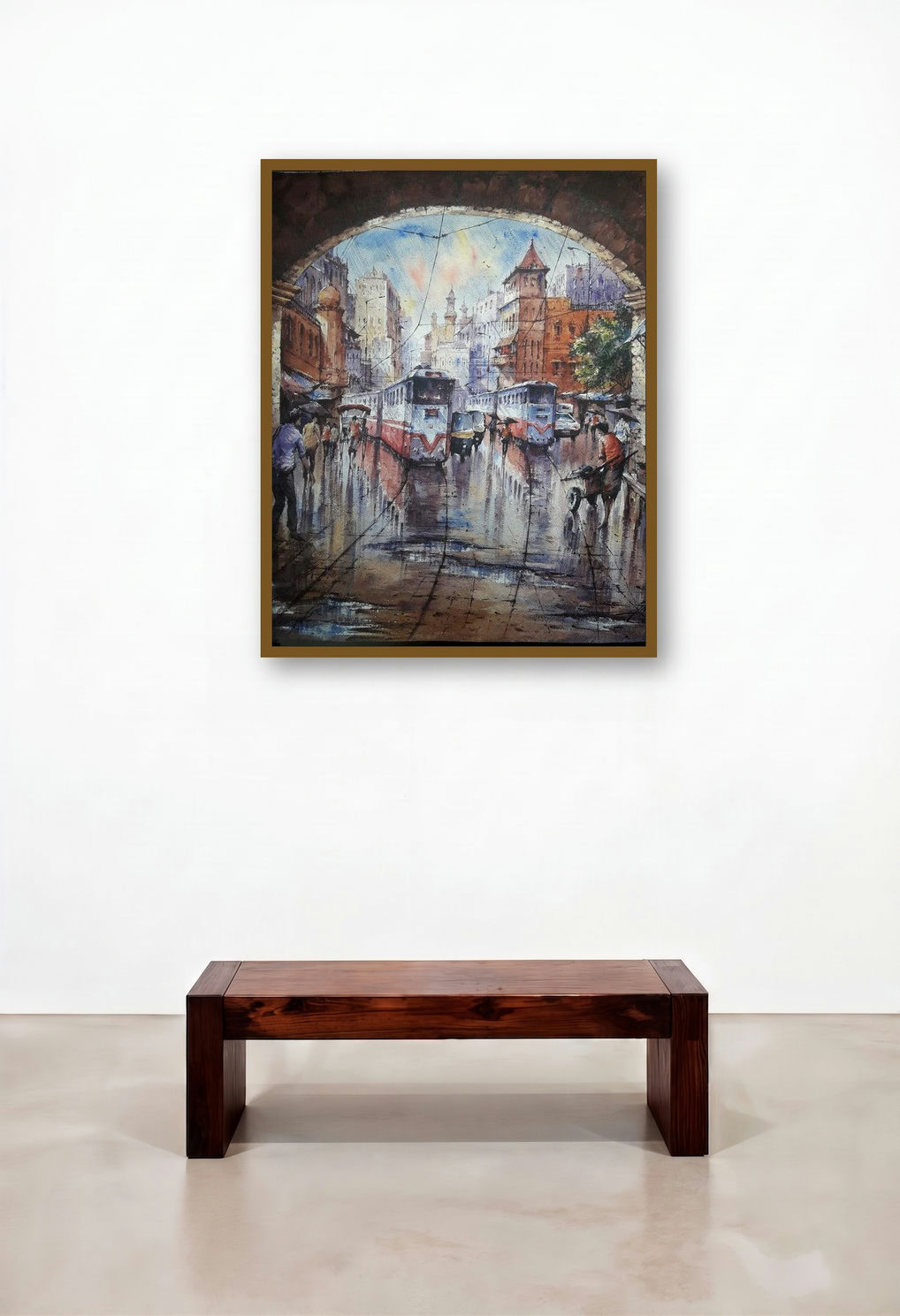 Cityscape 4 (Kolkata Street Scene) by artist Shubhashis Mandal displayed in a Contemporary Library