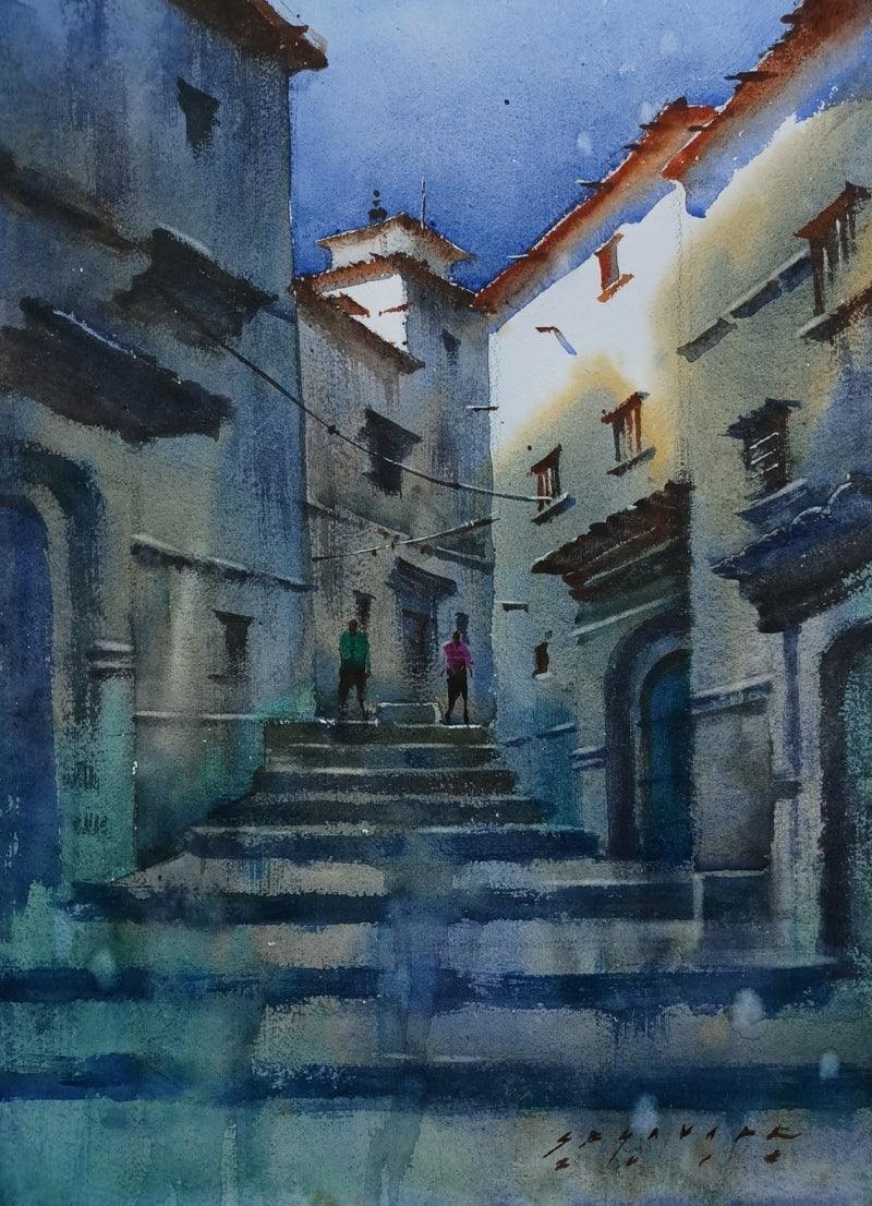 Cityscape watercolor painting titled 'Cityscape 4', 17x12 inches, by artist Siddharth Gavade on Paper