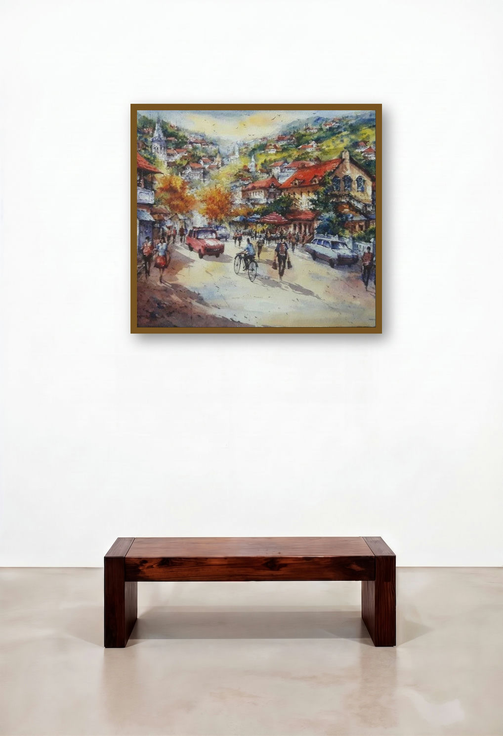 Cityscape 5 (Hillside Village) by artist Shubhashis Mandal displayed in a Luxury Dining Room