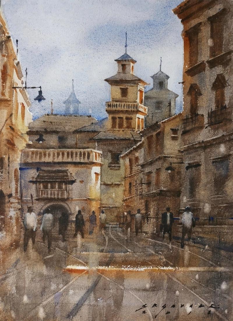 Cityscape watercolor painting titled 'Cityscape 6', 14x11 inches, by artist Siddharth Gavade on Paper