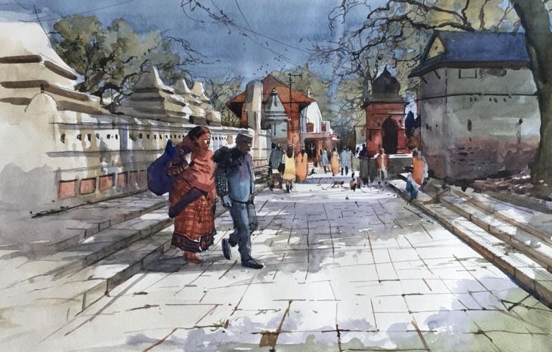 Cityscape watercolor painting titled 'Cityscape 7', 11x16 inches, by artist Bijay Biswaal on Paper