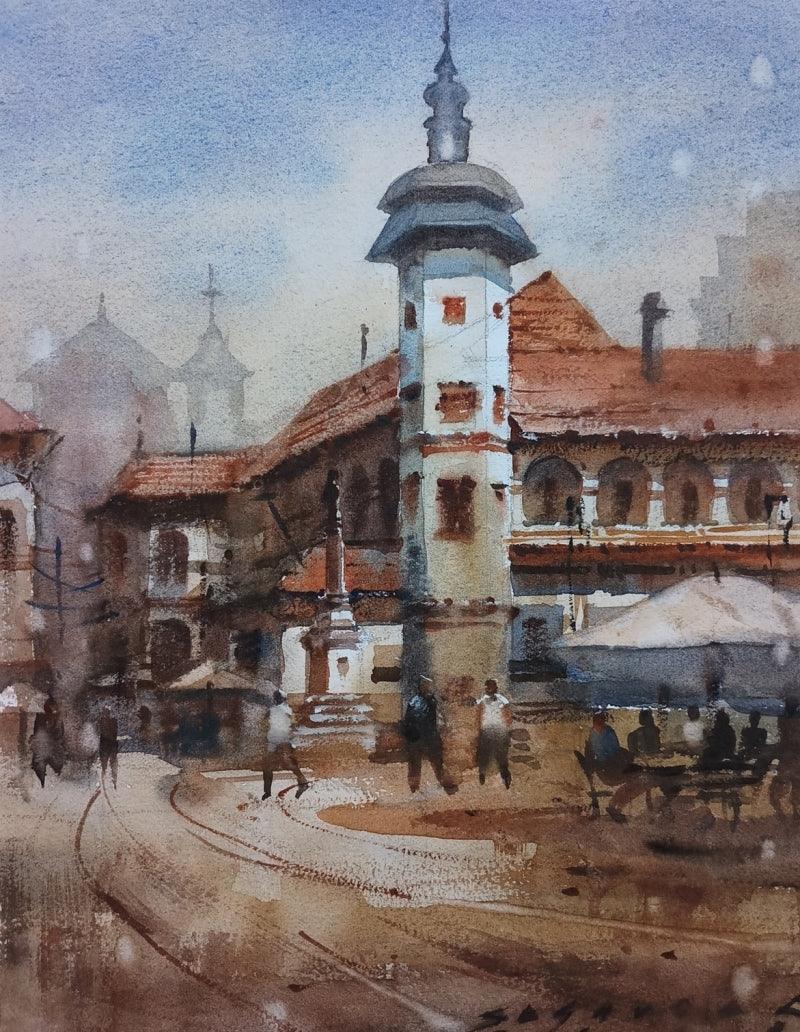 Cityscape watercolor painting titled 'Cityscape 7', 13x10 inches, by artist Siddharth Gavade on Paper