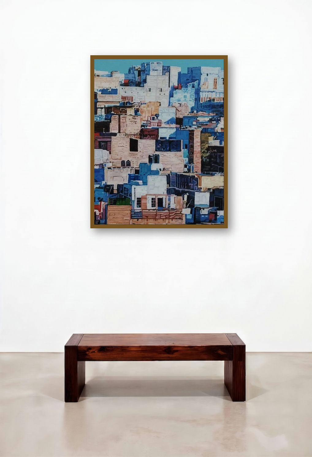 Cityscape 7 (Blue Cityscape) by artist Ganesh Pokharkar displayed in a Art Deco Reception Area