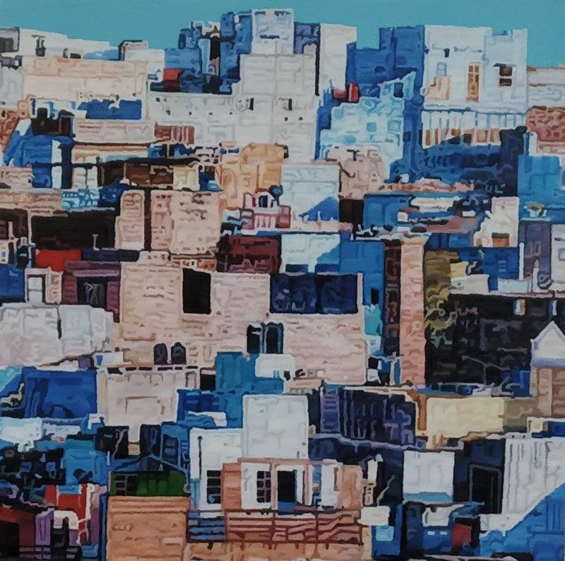 Cityscape oil painting titled 'Cityscape 7', 60x60 inches, by artist Ganesh Pokharkar on Canvas