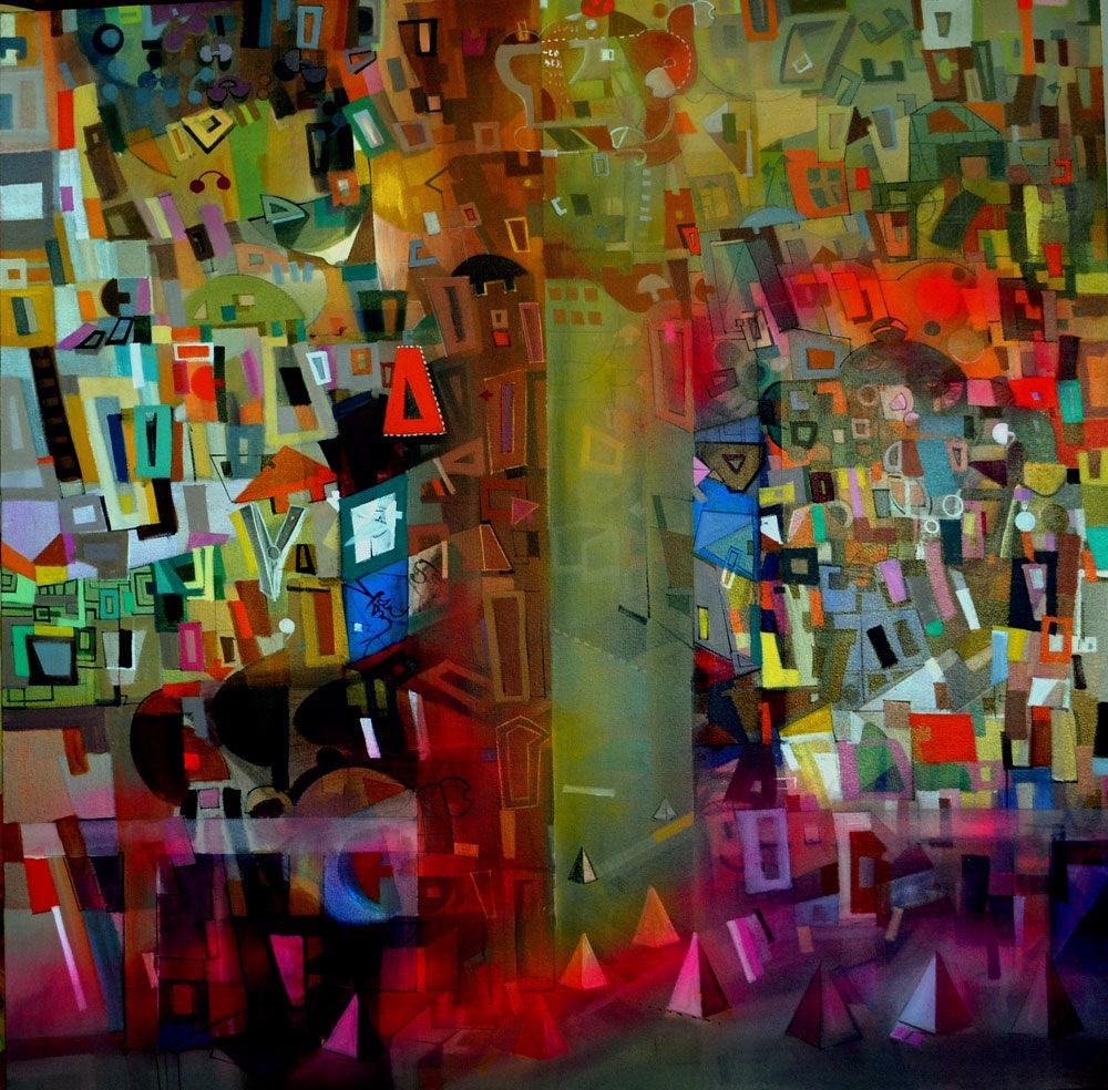 Abstract acrylic painting titled 'Cityscape 8', 48x48 inches, by artist Madan Lal on Canvas