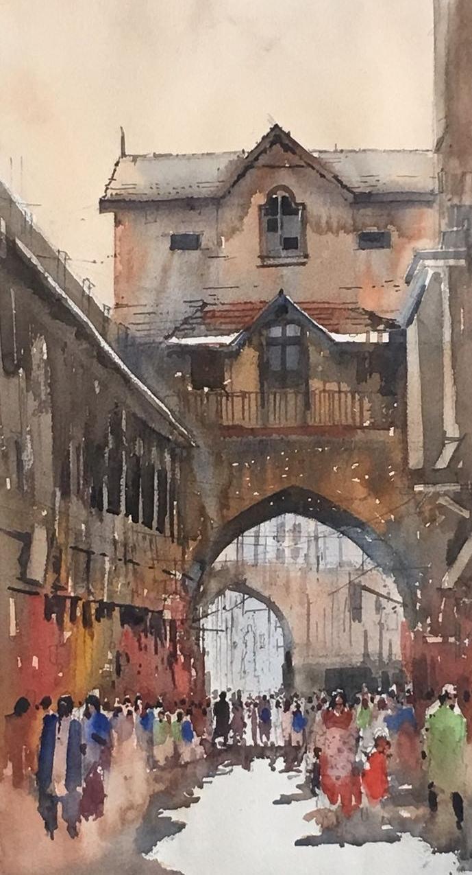 Cityscape watercolor painting titled 'Cityscape 8', 16x11 inches, by artist Bijay Biswaal on Paper