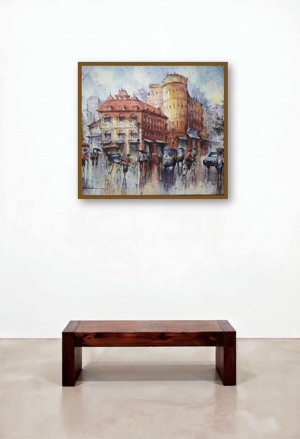 Cityscape 8 (Kolkata Street) by artist Shubhashis Mandal displayed in a Luxury Hotel Suite