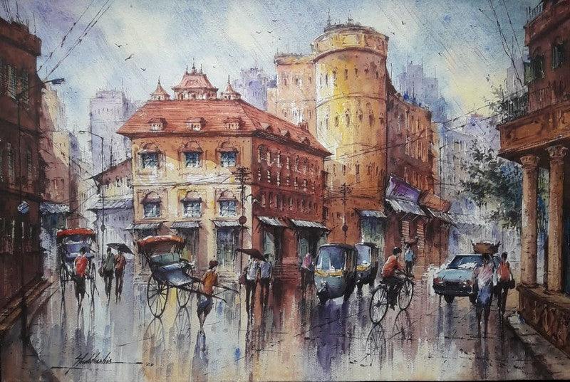 Cityscape watercolor painting titled 'Cityscape 8', 15x22 inches, by artist SHUBHASHIS MANDAL on Handmade Paper