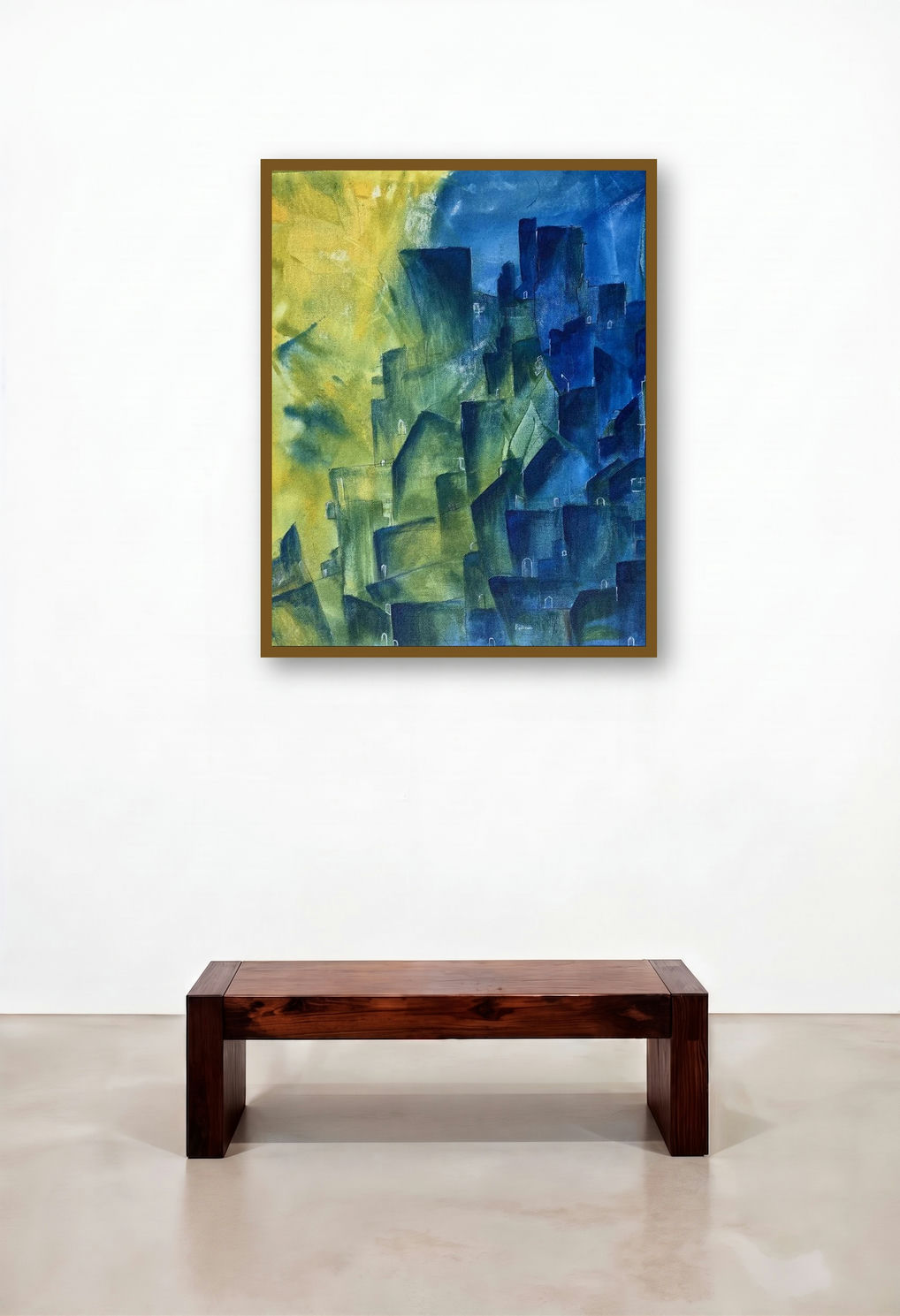 Cityscape Abstract (The Divided City) by artist Amit Pithadia displayed in a Coastal Bedroom