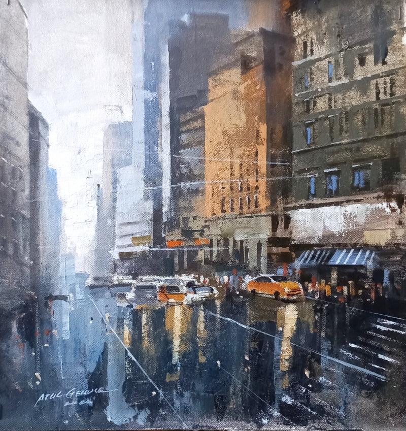 Cityscape acrylic painting titled 'Cityscape', 15x15 inches, by artist Atul Gendle on Canvas