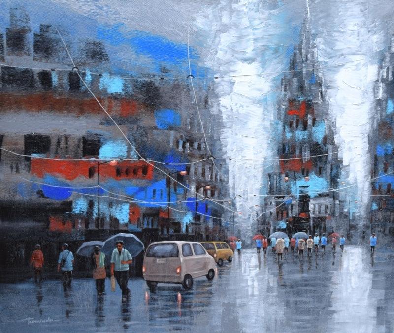 Cityscape acrylic painting titled 'Cityscape', 36x42 inches, by artist Purnendu Mandal on Canvas