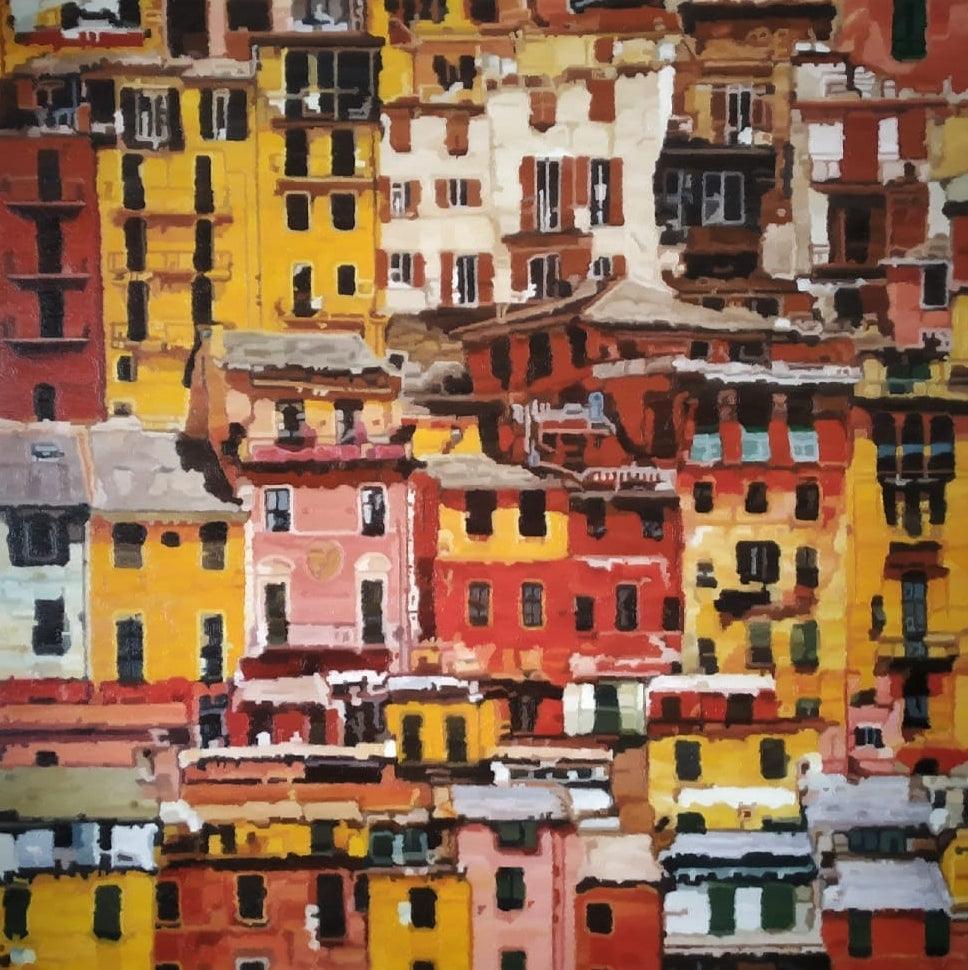 Cityscape oil painting titled 'Cityscape', 60x60 inches, by artist Ganesh Pokharkar on Canvas
