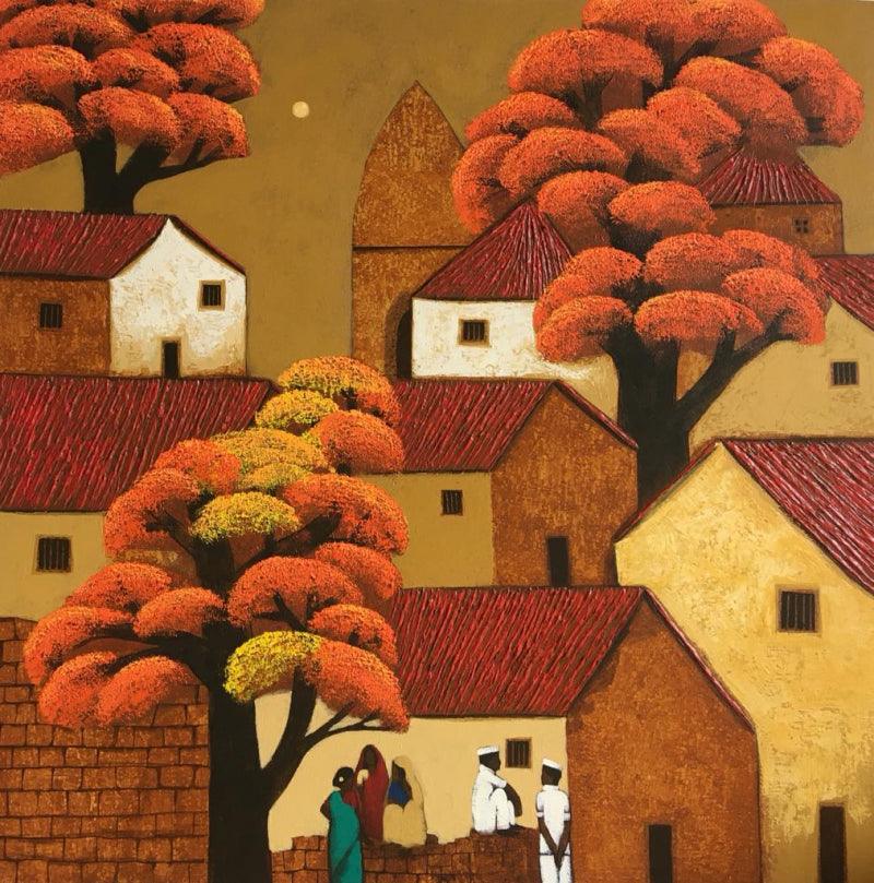 Cityscape acrylic painting titled 'Cityscape', 30x30 inches, by artist Nagesh Ghodke on Canvas