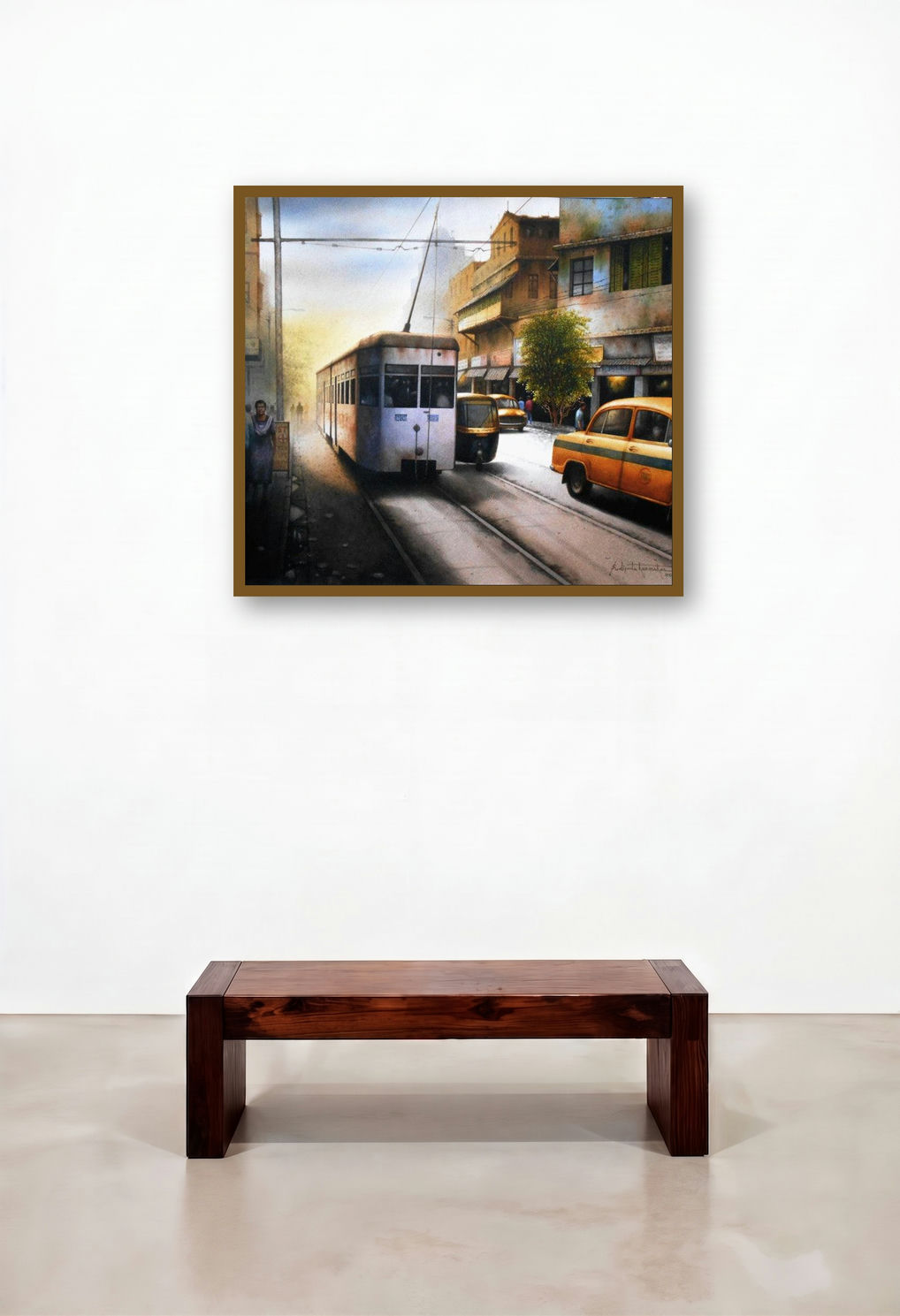 Cityscape (Kolkata Tram) by artist Sudipta Karmakar displayed in a Modern Dining Room